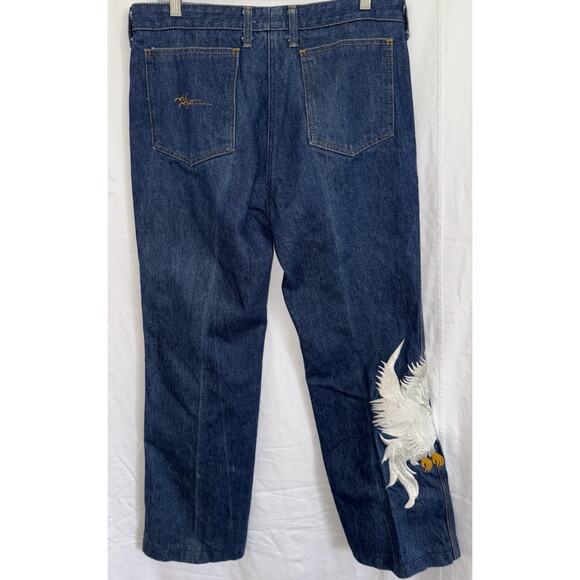 Vik Vizette Vtg 1970s Denim Jeans Embroidered Cockatoo Hippie Bell Bottom Sz 36 - Picture 3 of 16